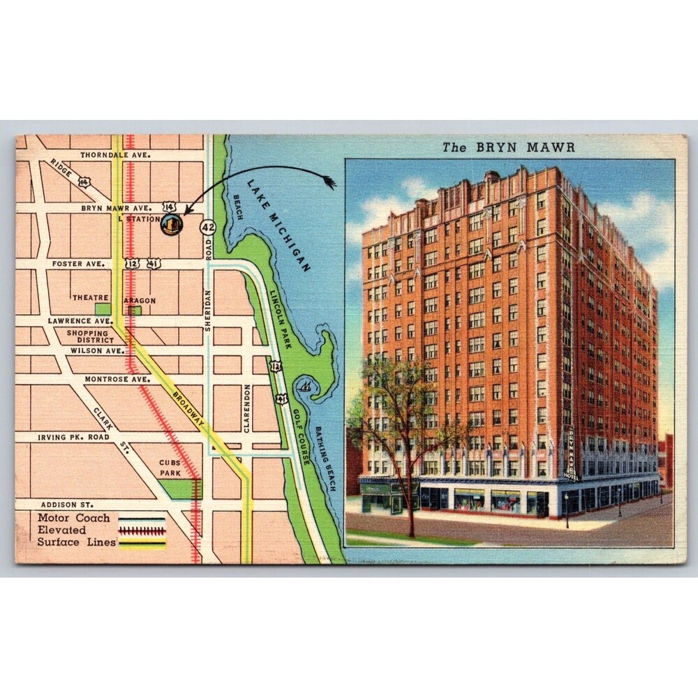 Vintage 1947 Chicago Postcard The Bryn Mawr Hotel & Area Map Linen Posted IL
